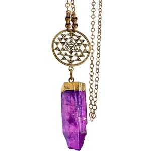 Bright Rose Quartz Crystal Pendant Gold Chain Necklace Unique Artisan Handmade